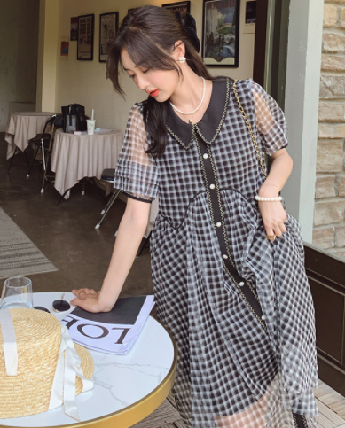 小香风黑色格子连衣裙女夏2023年新款法式小众高级感森系裙子